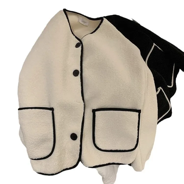 Chaqueta corta de piel de cordero de estilo coreano para mujer, ropa de abrigo de estilo perezoso con cuello redondo, Top suave y acogedor con cuello redondo para otoño e invierno