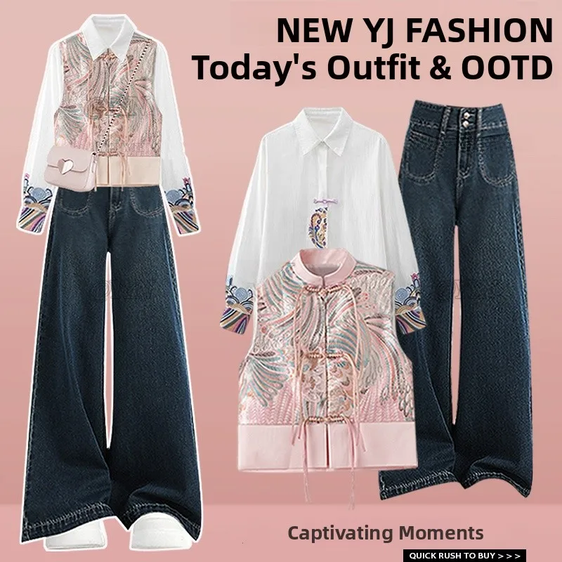

plus Size Hanfu Shirt New Chinese Style Straight Leg Jeans Button Design Slimming Effect Spring Summer Fashion Ladies' Clothing