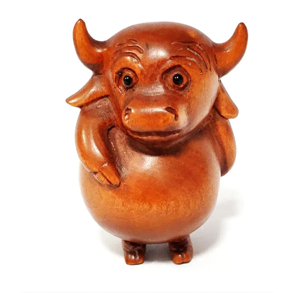 Y106, 20 Years Old 2 INCH Japanese Boxwood Hand Carved Netsuke Sculpture Miniature : Lovely Buffalo Ox