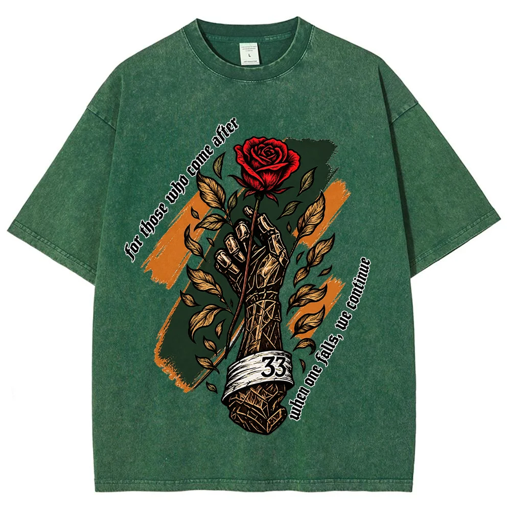 Men  Rose Flower Graphic T Shirt Vintage Skeleton Hand Letter Printed Short Sleeve Casual  Loose Cotton Tops