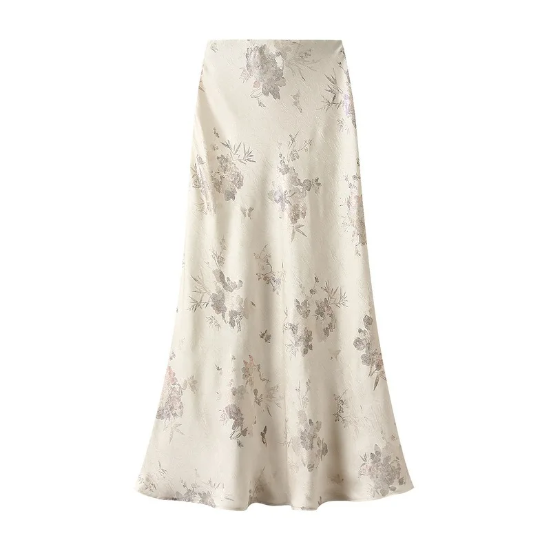 Women Elegant Gilded Printed Pleated Skirts Korean Fashion High Waist Overskirts for Women Vintage Fishtail Long Skirts Summer