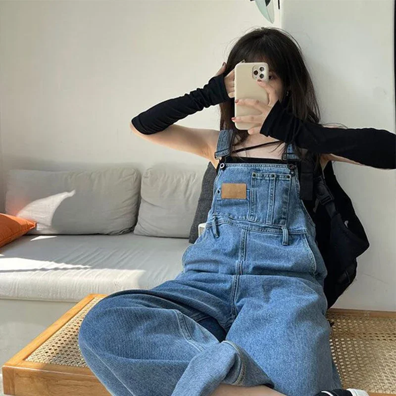 데님 점프 슈트 여성 streetwear 헐렁한 청바지 오버올 빈티지 와이드 레그 서스펜더 바지 여름 한국 캐주얼 스트레이트 바지