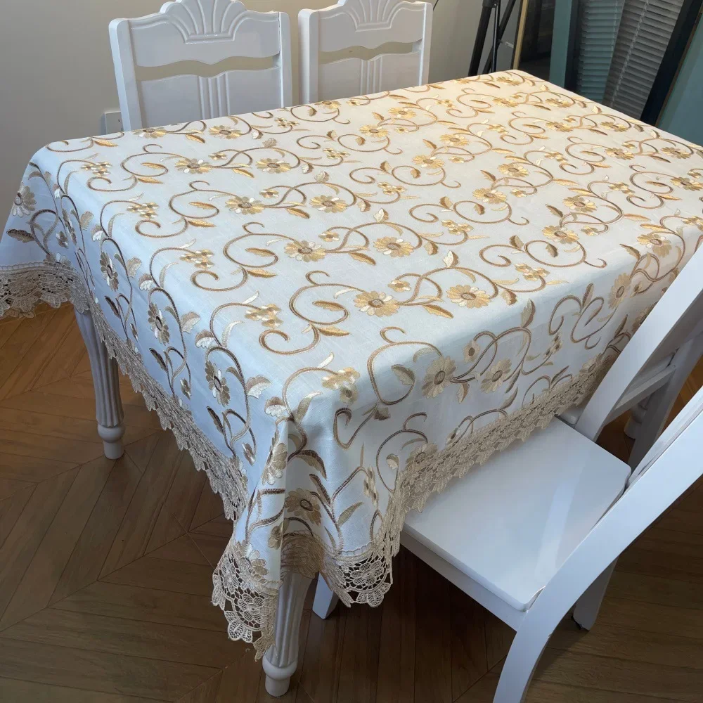 Light Luxury Gold Embroidered Tablecloth European Style Linen Modern Waterproof Oil Resistant Dining Table Lace Edge Table cloth