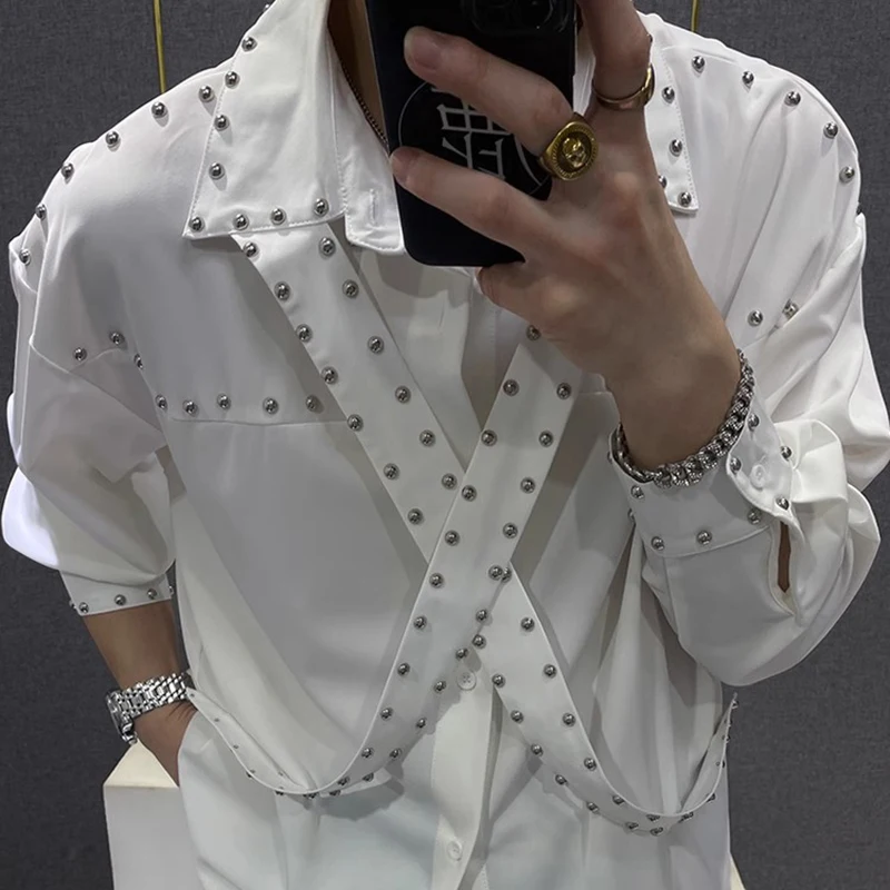 Nail Bead Stitching Shirt Men's Camisa Social Masculina 2024 Trend Brand Fashion Black White Belt Multiple Wearing Styles Shirts