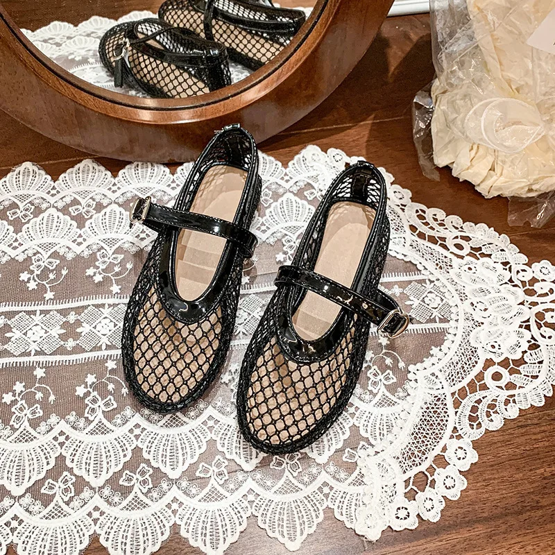 Fishnet Ballet Flats Woman Chic Brand Design Hollow Out Lace Mary Jane Shoes Ladies Summer Sandals Breathable Mesh Zapatos - Image 2