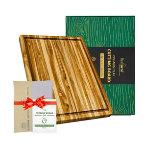 Teak Wood Cutting Board with Juice Groove Hand Grip M, 20x15x1.25, Durable Wooden Cutting Boards for Kitchen, Butcher Block, Ser