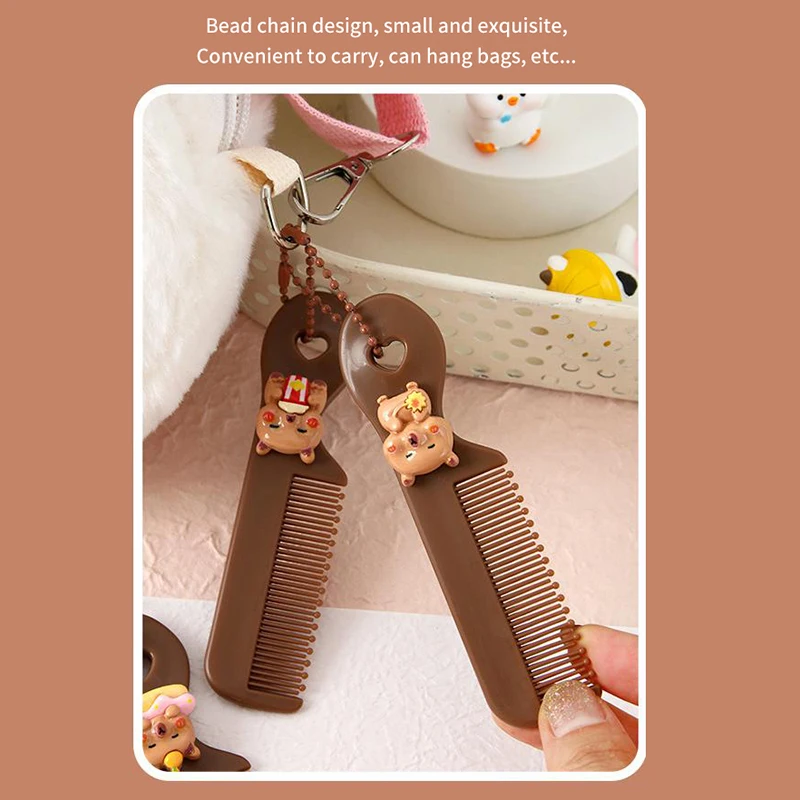 1pcs Kabibala Cartoon Comb Simple Hairdressing Lovely Animals Pocket Hair Brush Square Portable Comb With Bead Chain Students