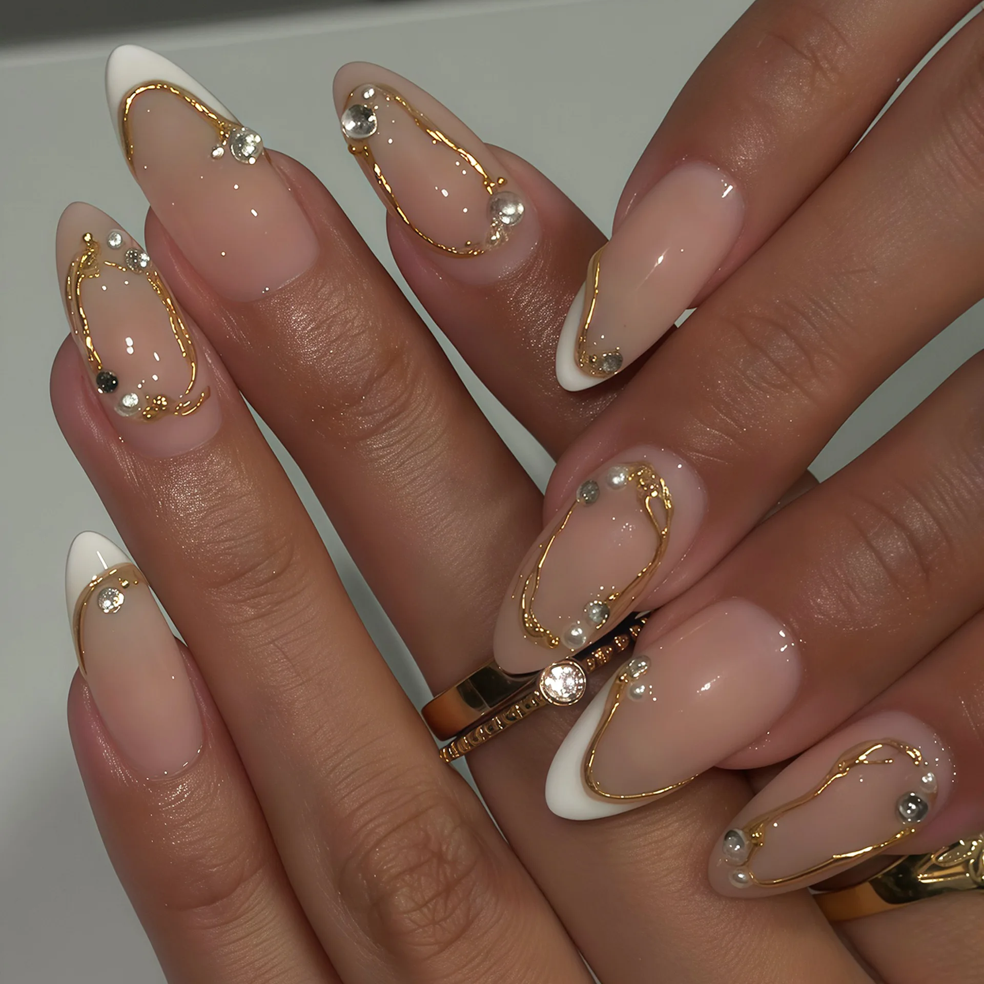 24pcs Almond Press On Nails,Nude French Fake Nails Gold Line Rhinestone Design,1 Jelly Glue+1Nail Files,Reusable Daily Wedding F