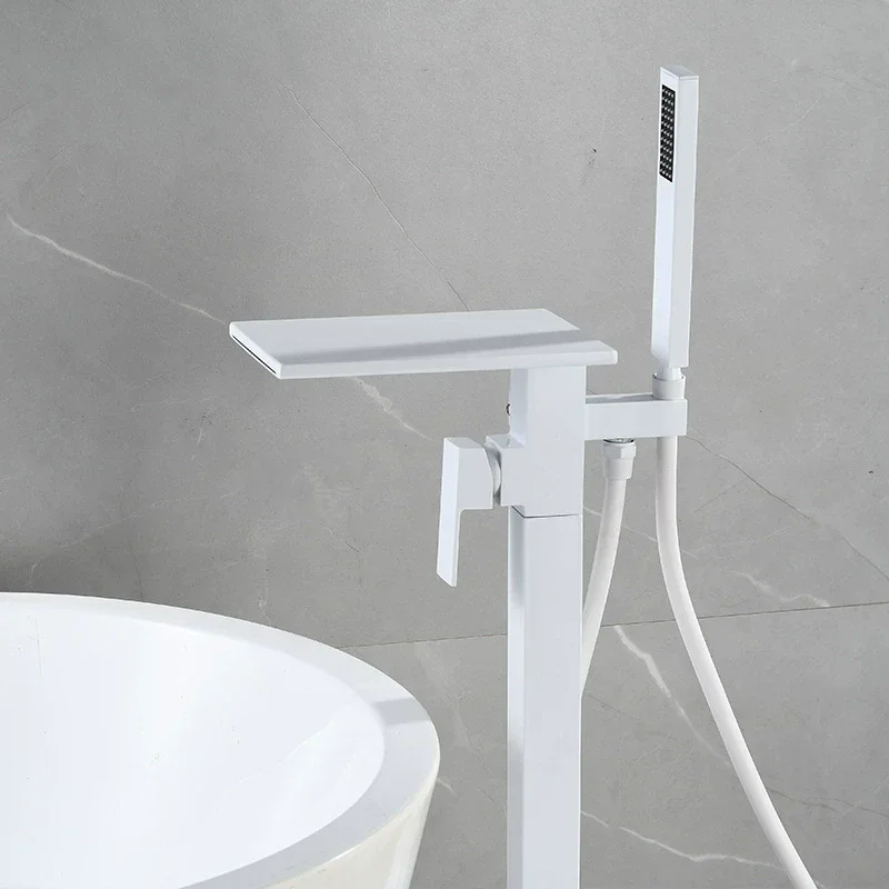 

Black Bathroom Bathtub Faucet + Handheld Shower Free Standing Luxury White Waterfall BathTub Mixer Taps Floor Mounted