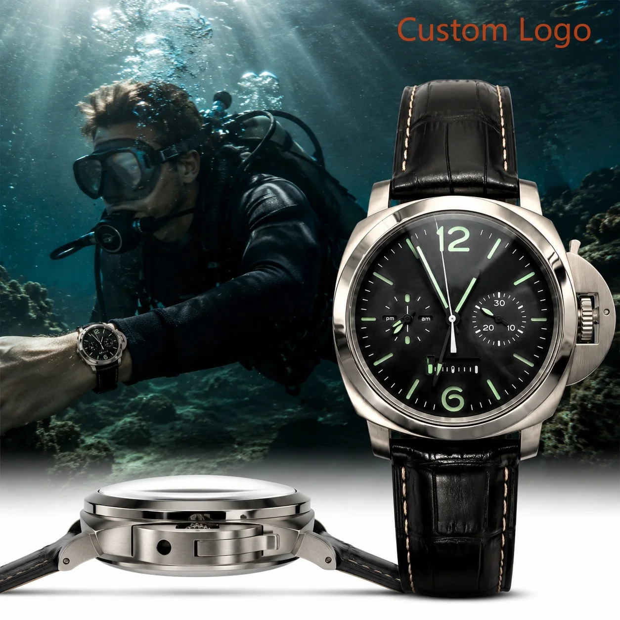 Montre-bracelet chronographe de luxe pour homme, style militaire, 44 mm, boîtier en acier inoxydable brossé et poli, double fonction chronomètre, calendrier, montres personnalisées pour l'extérieur