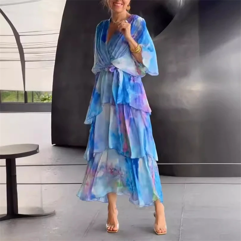 Elegant Chiffon Print Women's Long Layered Party Dress 2025 Summer Fashion Half-sleeved V-neck Lace-up Long Skirt Casual Wear