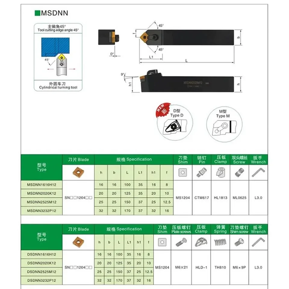 45° Degrees MSDNN MSDNN1616H12 MSDNN2020K12 External Turning Tools Lathe Cutter Shank CNC Tool Holder Use For SNMG Cabide Insert