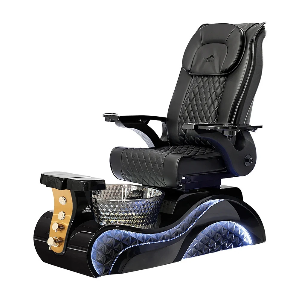 Luxury Black PU Pedicure Spa Chair Reclining Nail Salon Pedicure Chair with Glass Foot Basin & Blue LED Light Beauty Furniture