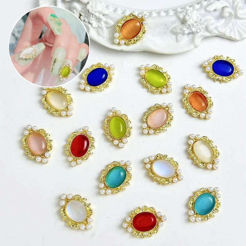 10PCS New Translucent Opal Alloy Nail Charms with Simulated Rhinestones  Pearl Inlaid Nail Art Decorations for DIY Nails Parts