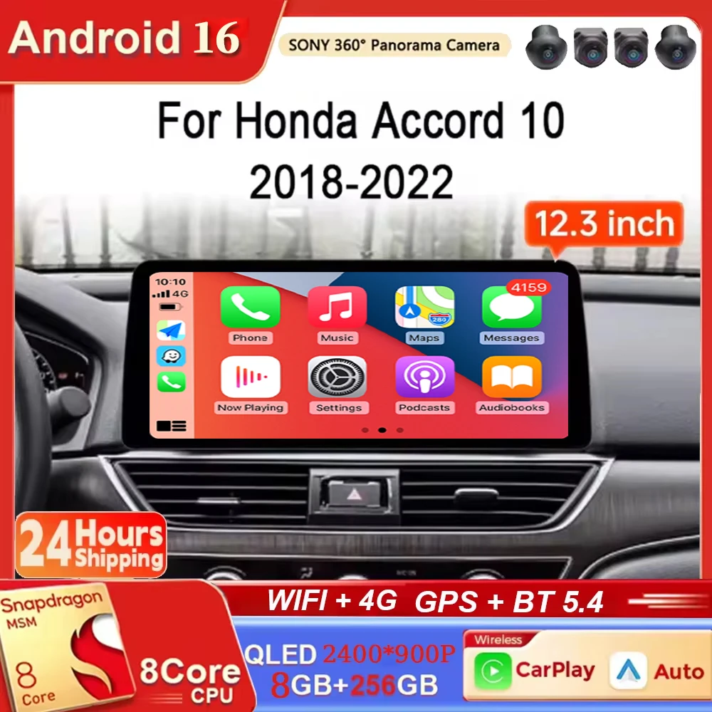 For Honda Accord 10 2018 - 2021 12.3 inch Android 16 4G WIFI Car Radio Carplay Auto Multimedia Stereo Video Player GPS Navigatio