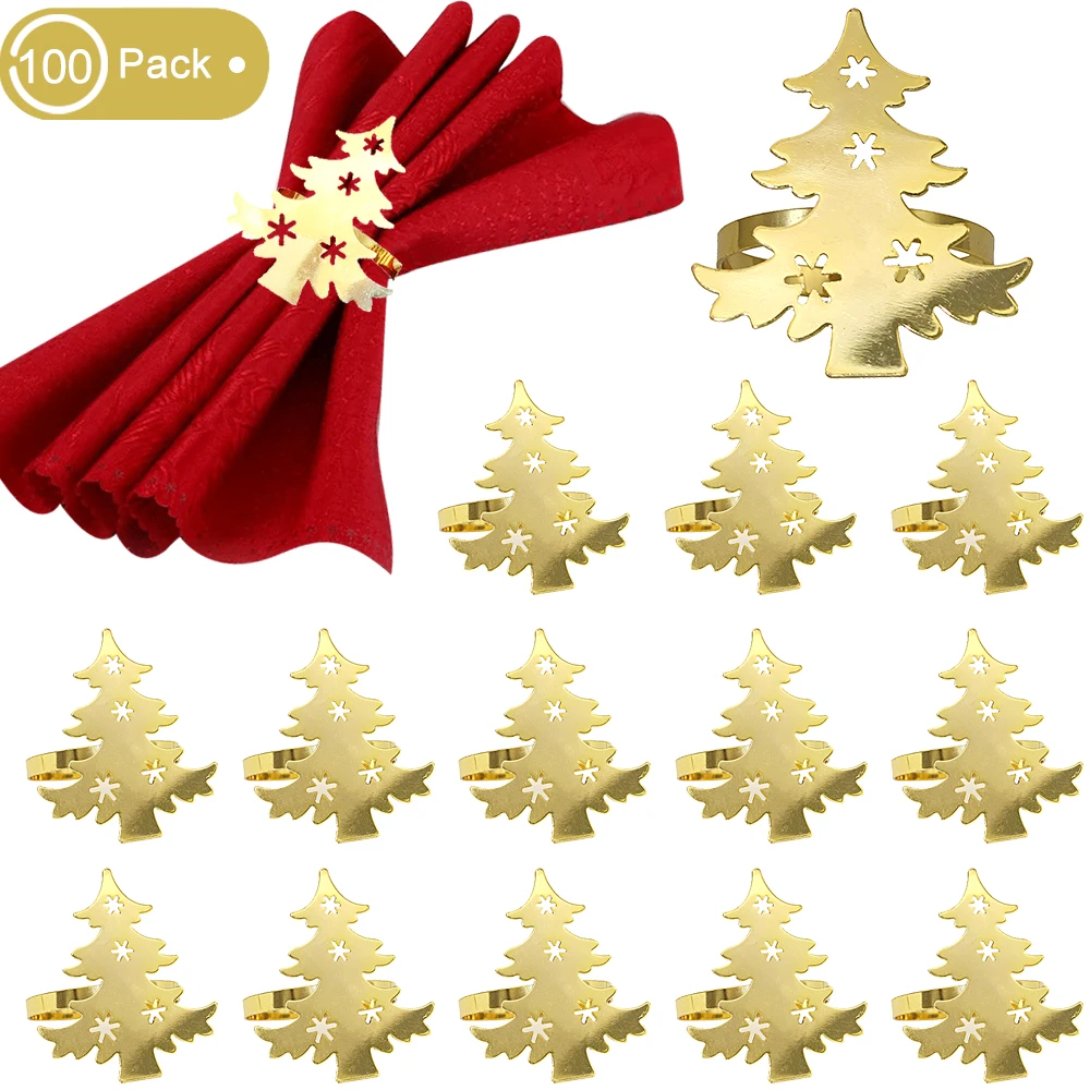 

100Pcs Christmas Tree Napkin Ring Gold Napkin Holder Metal Xmas Serviette Buckles for Christmas Wedding Party Dinner Table Decor