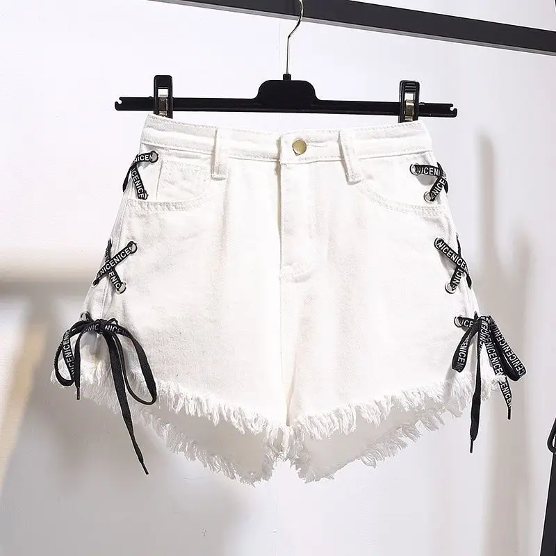 2024 Spring/Summer Plus Size Women's Fat MM High Waist Denim Shorts Women's Loose Ragged Edge Wide Leg Hot Pants