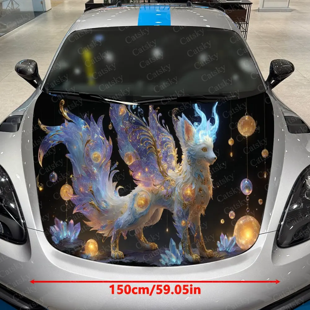 Star-Winged Spirit Fox Car Vinyl Wrap, PVC Waterproof Car Hood Sticker, Self-Adhesive Scratch-Resistant Stickers