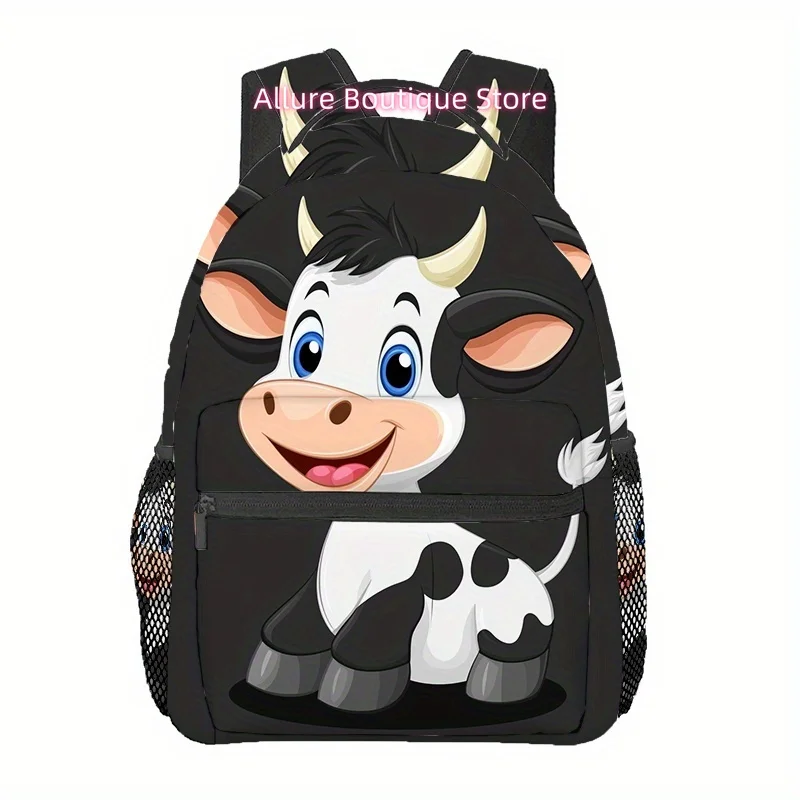 Cute Cartoon Cow Print Backpack, Men'S Outdoor Sports Double Shoulder Bag, Adjustable Strap, Polyester Material, Zipper Closure,