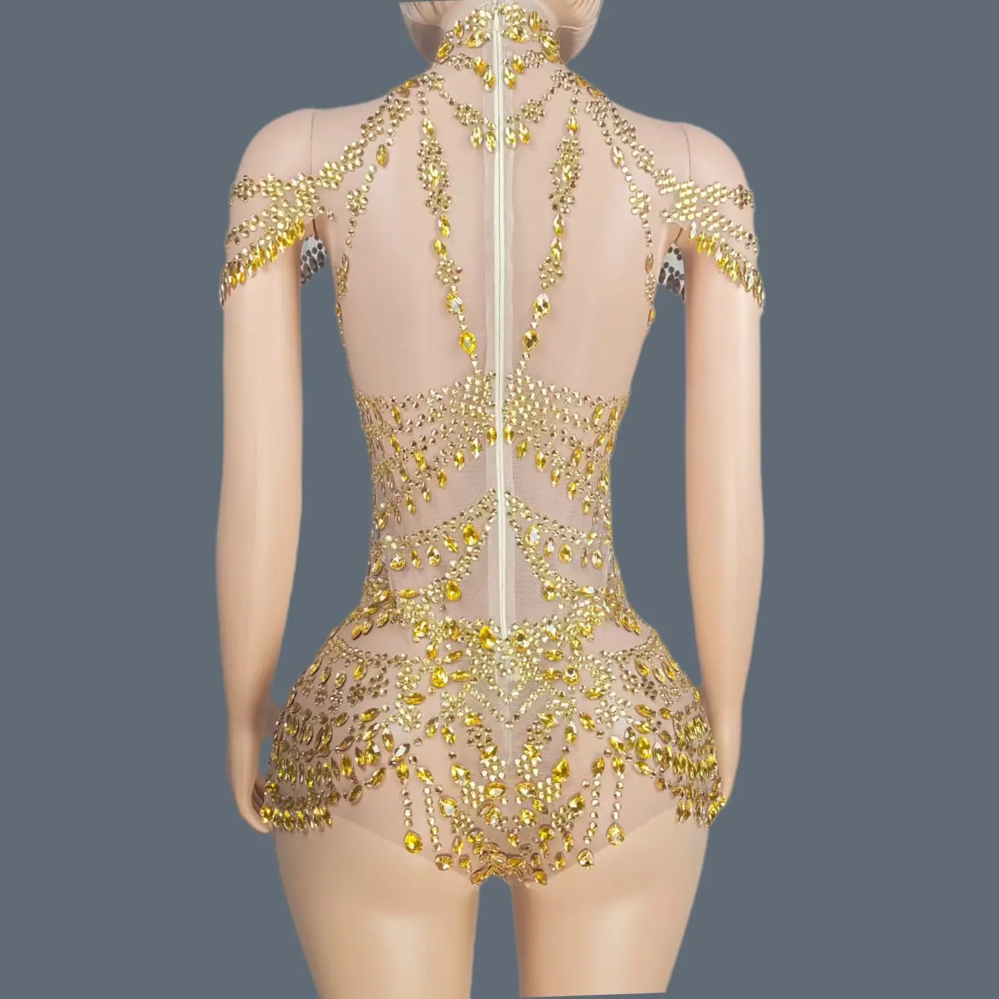 Sexy Women Sparkly Rhinestone See Through Mesh Bodysuits Birthday Leotard Dancer Playsuit Performance Wear Club Outfit Wuniang
