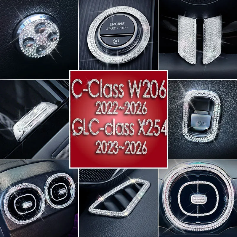 Car Interior Decor Luxury Crystal Rhinestone Air Vent Trim For Mercedes C-Class W206 GLC X254 2022-2026 Bling Ladies