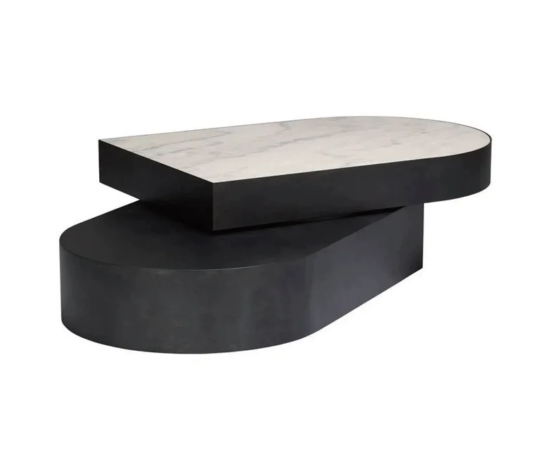 Creative Minimalist Modern Light Luxury Art Design Black and White Stainless Steel Oval Rotating Coffee Table.