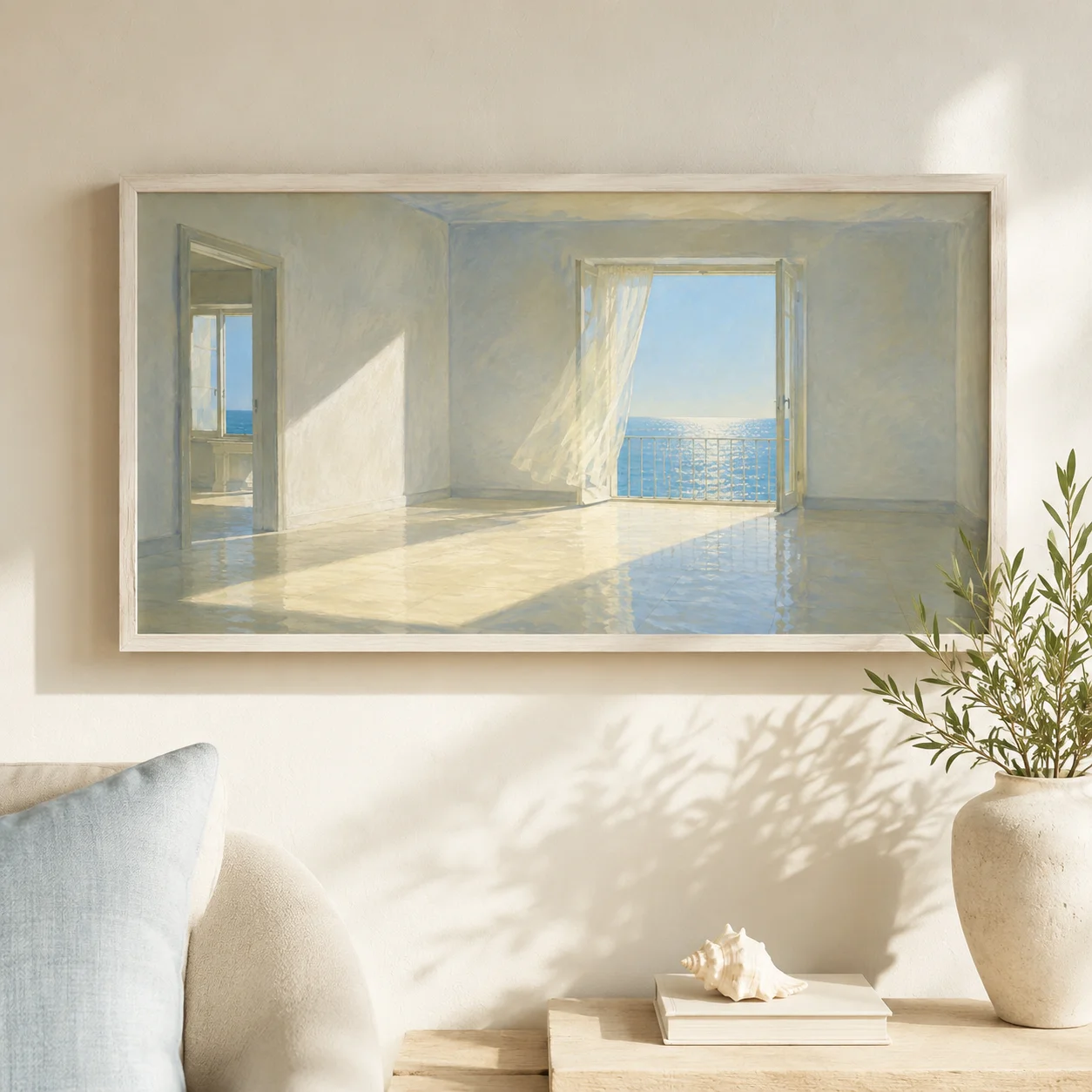 Sea View Canvas Print, Sunlight Shadow Empty Room with Sheer Curtain Painting, Minimalist Wall Art for Living Room Home Decor