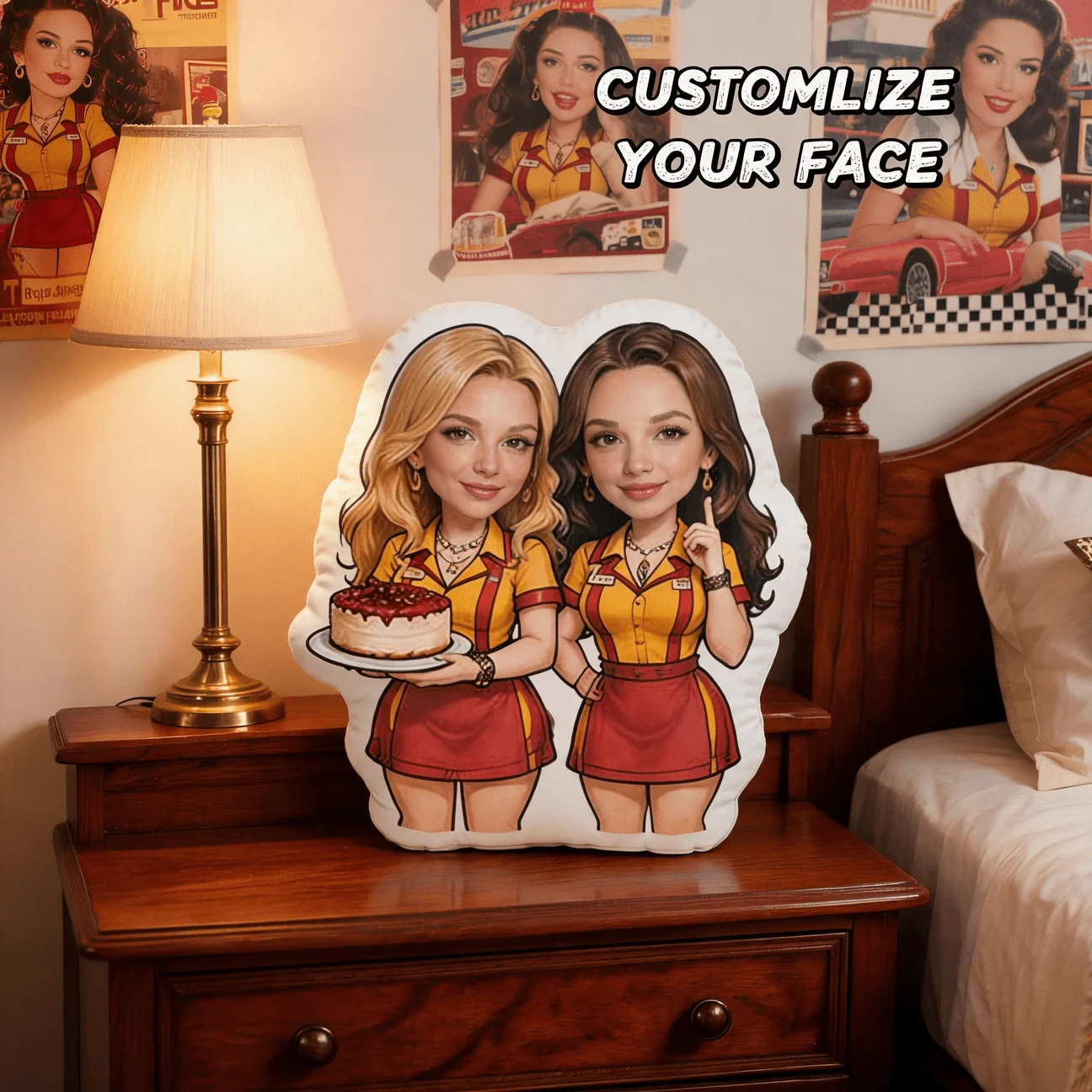 Custom Photo Shaped Pillow, Personalized Cartoon Style Friends Portrait Decorative Cushion, Yellow And Red Uniform Design Home D