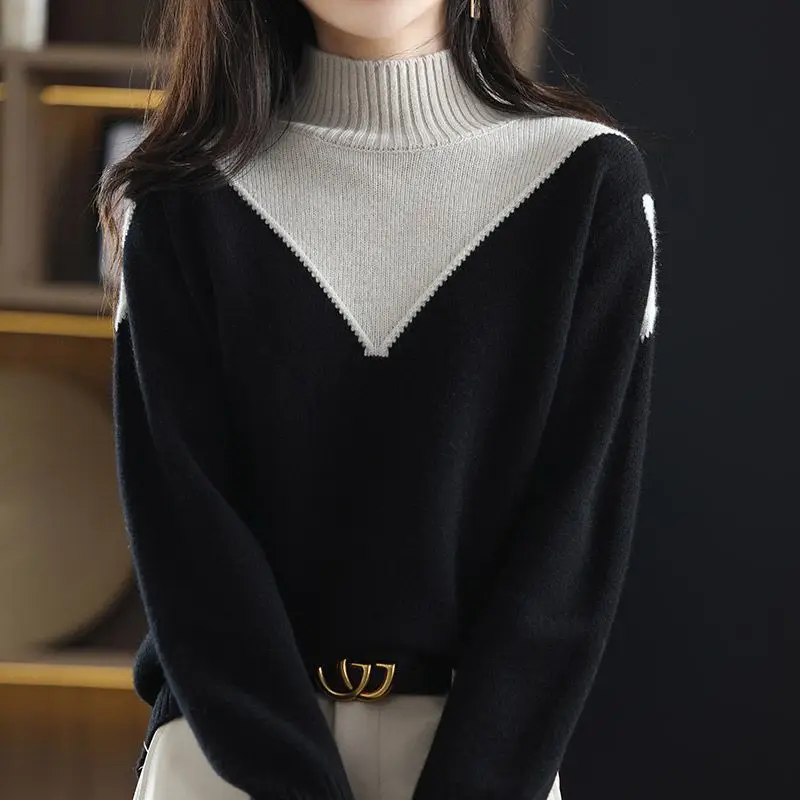 Fashion Vintage Women Warm Turtleneck Wool Sweater Autumn Winter Contrast Korean Clothing Slim Patchwork Long Sleeve Pullovers