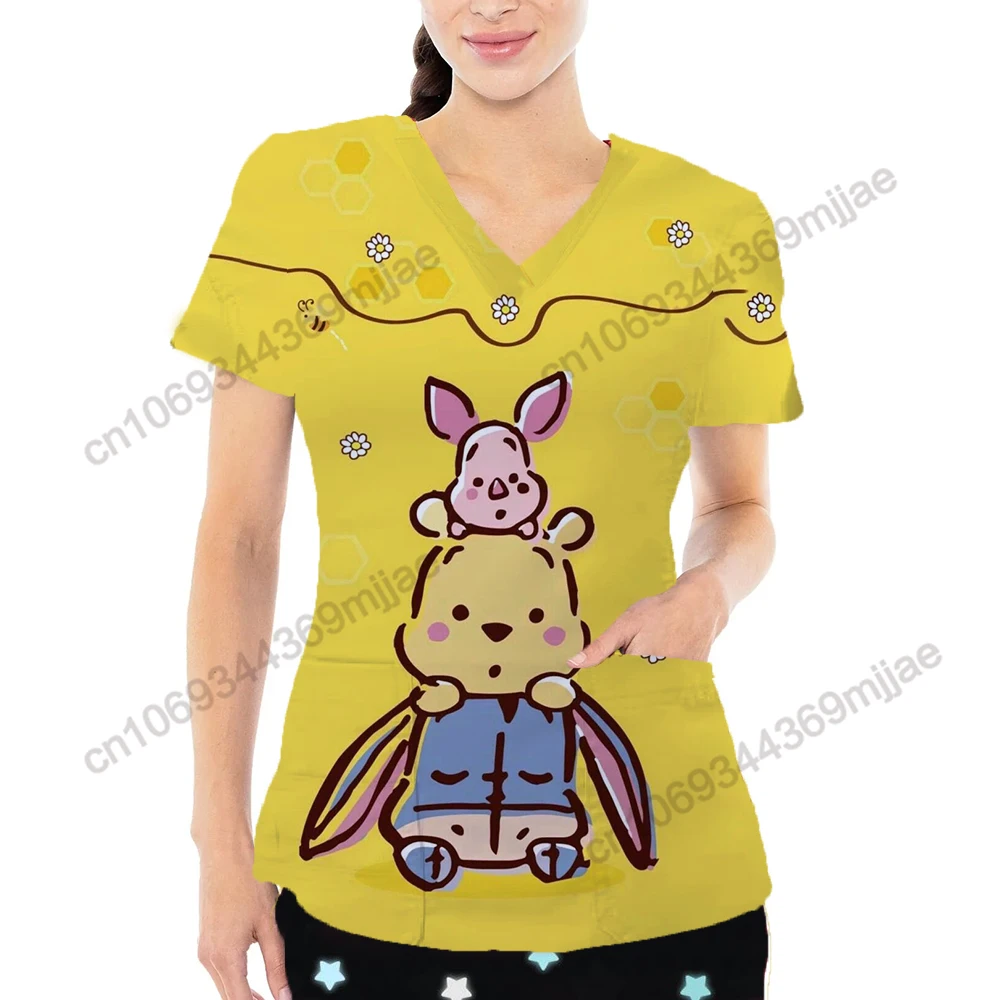 2024 nuova estate scollo a v grande tasca design stile Y2k t-shirt da donna comoda e casual bella uniforme da infermiera modello Disney