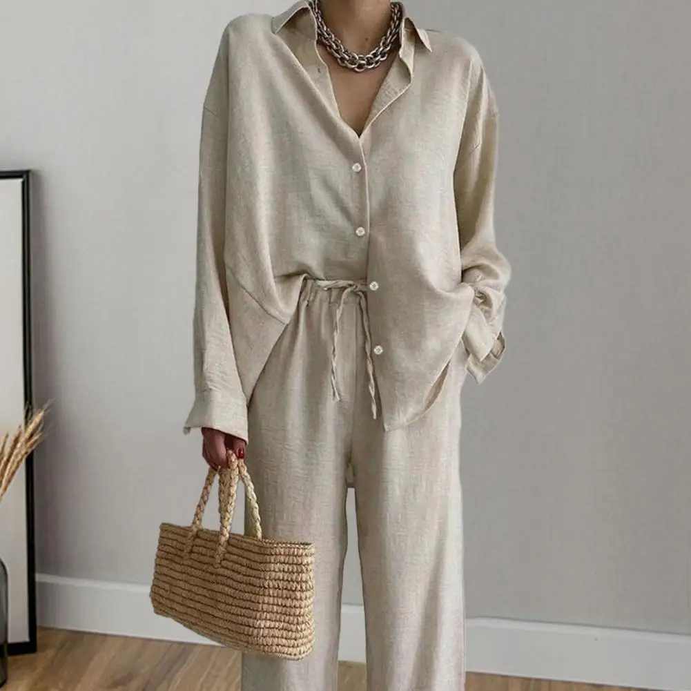 Summer Shirt Pants Two Piece Set Lapel Single-breasted Long Sleeves Drawstring Wide Legs Women Casual Suit Top Trousers Outfit