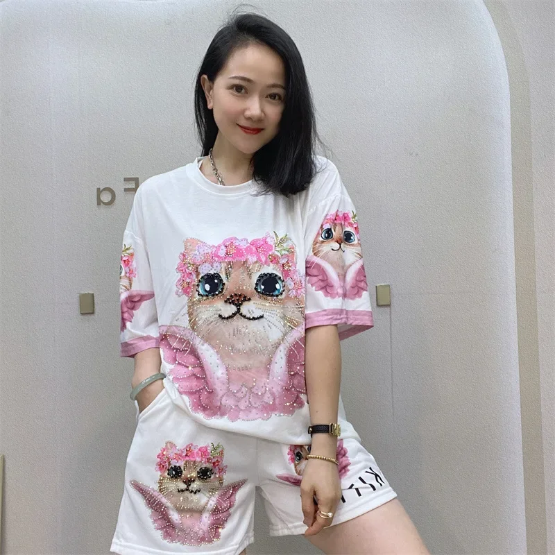 

Cartoon Cat Printed Diamonds Two Piece Sets Womens Outifit Short Sleeve Casual Knitting Tops and Shorts Платье Женское Летнее