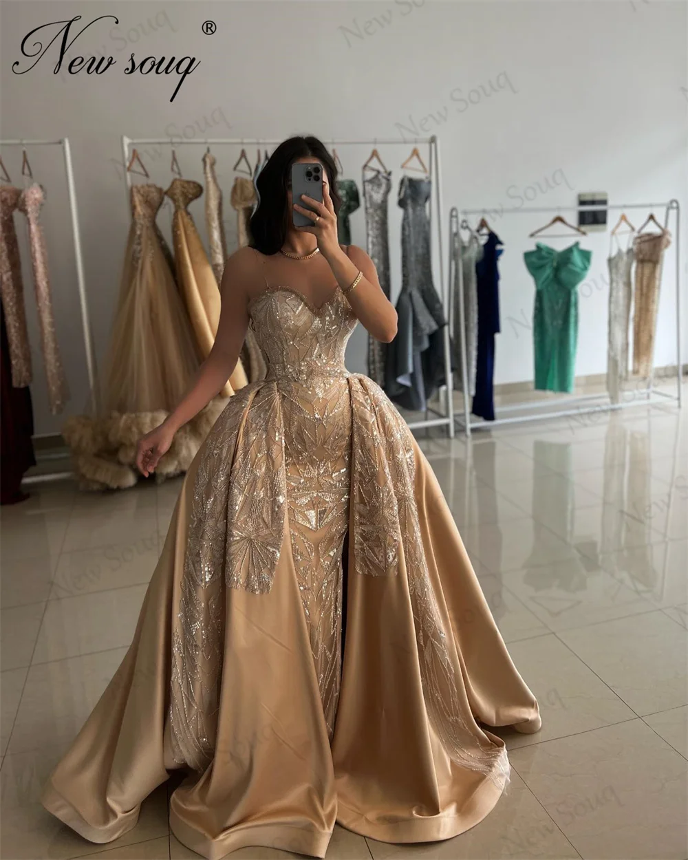 Sparkly Champagne Party Dress With Detachable Skirt Robes De Soiree Middle East Beaded Sequins Engagement Dress Evening Gowns