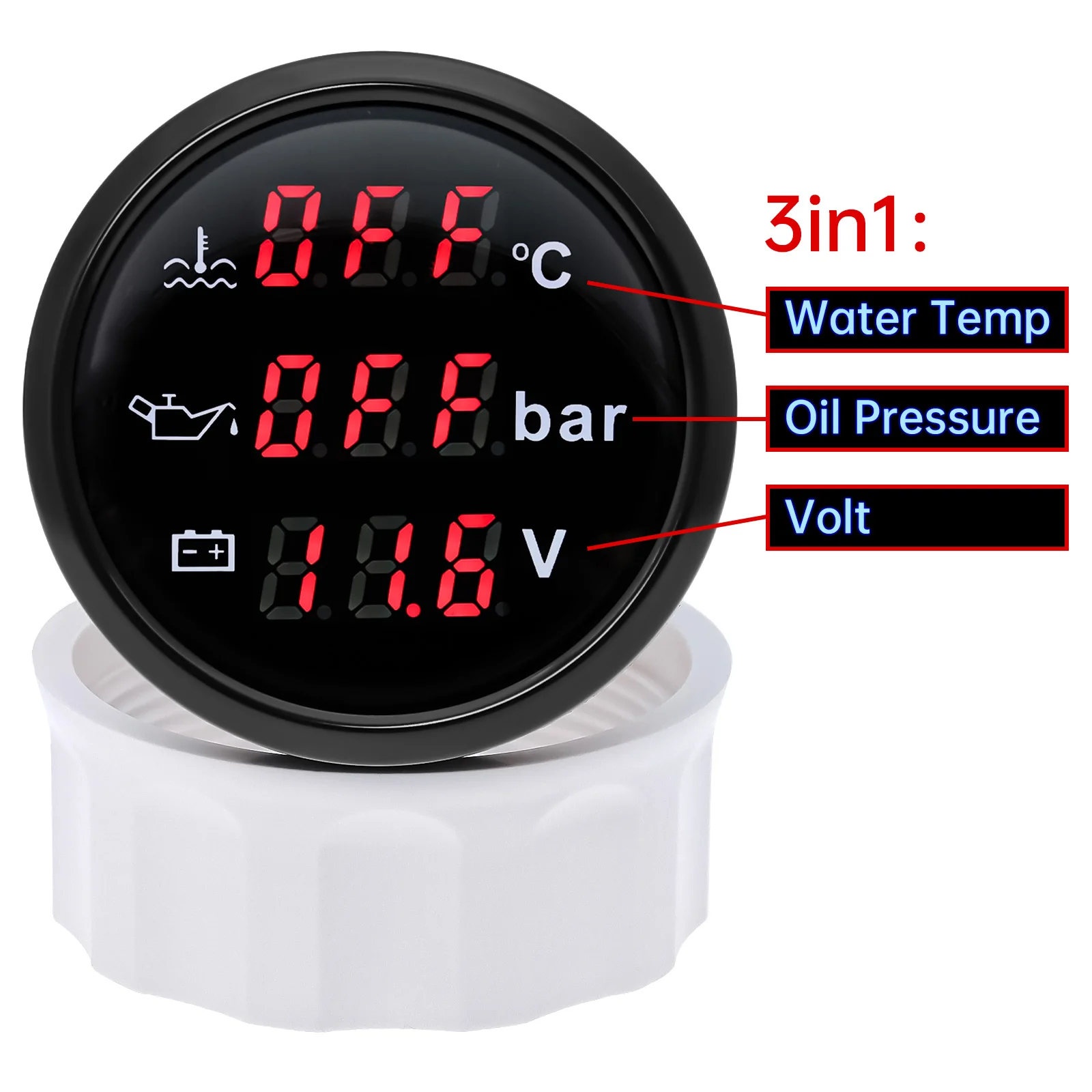 

Boat Car Multifunction Gauge 52mm 3 IN 1 Gauge Water Temperature Gauge + Oil Pressure Meter + Voltage with Alarm Red Backlight