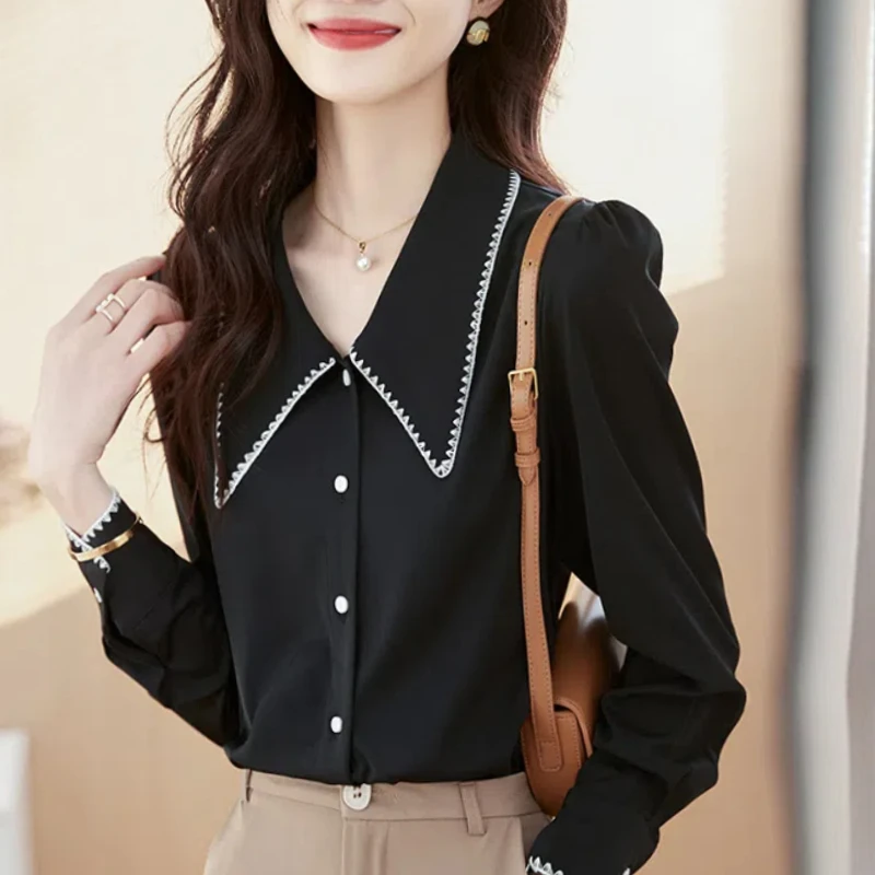 Spring Autumn Fashion Printing Shirts Women's Clothing Korean POLO Collar Puff Sleeve Buttons Single Breasted Simplicity Tops