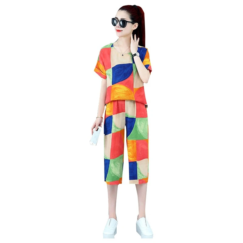 New Cartoon Cotton Casual Suit for Women Cropped Trousers Short Sleeved Set Summer Fashion Home Clothing Homewear