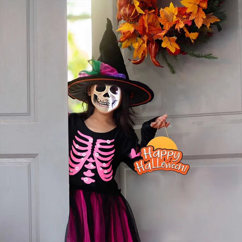 2026 Kids Girls Skeleton Print Witch Dress Long Sleeve Mesh Tutu Skirt With Hat Broom Halloween Carnival Role Play Costume
