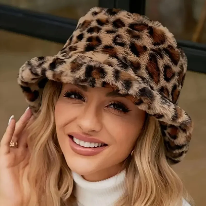Stilvoller Fischerhut mit Leopardenmuster – weiche Fischermütze aus Polyester-Fleece, leicht, Sonnenschutz, Wintermode-Accessoire für Damen