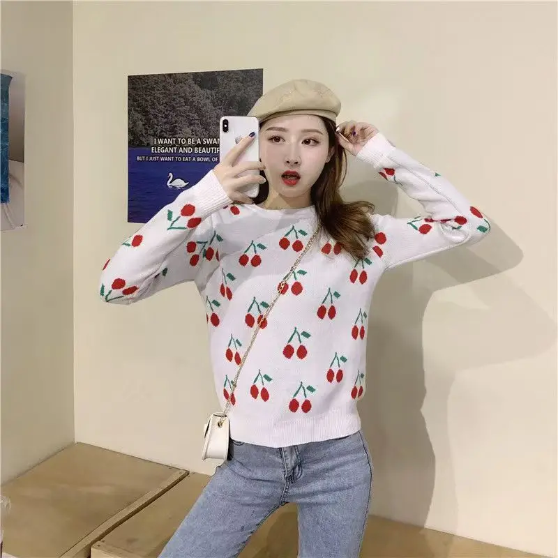 

Women New Fashion O Neck Cherry Pullover Sweaters Knit Spring Autumn Loose Knitwear Long Sleeve Cherry Sweater Knitted Pullovers