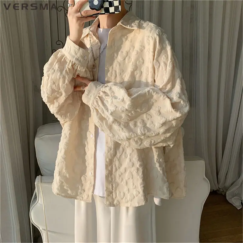 

VERSMA Korean Style Embossed Jacquard Heart Shirt Men Women Long Sleeve Spring Oversized Unisex White Pleated Fabric Shirts Male