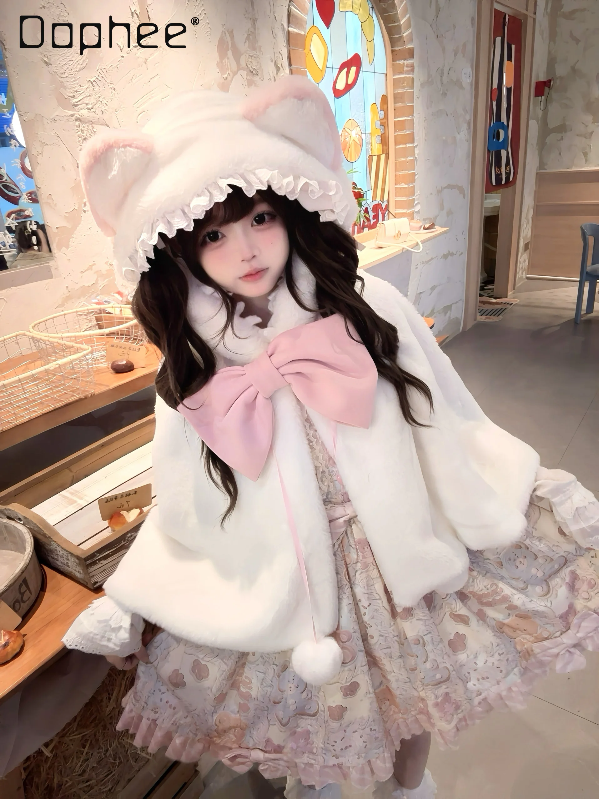 

Lolita Pink Cat Ears Fluffy Shawl Cute Hooded Big Bow Lace Patchwork Warm Hairball Cape Kawaii Winter White Soft All Match