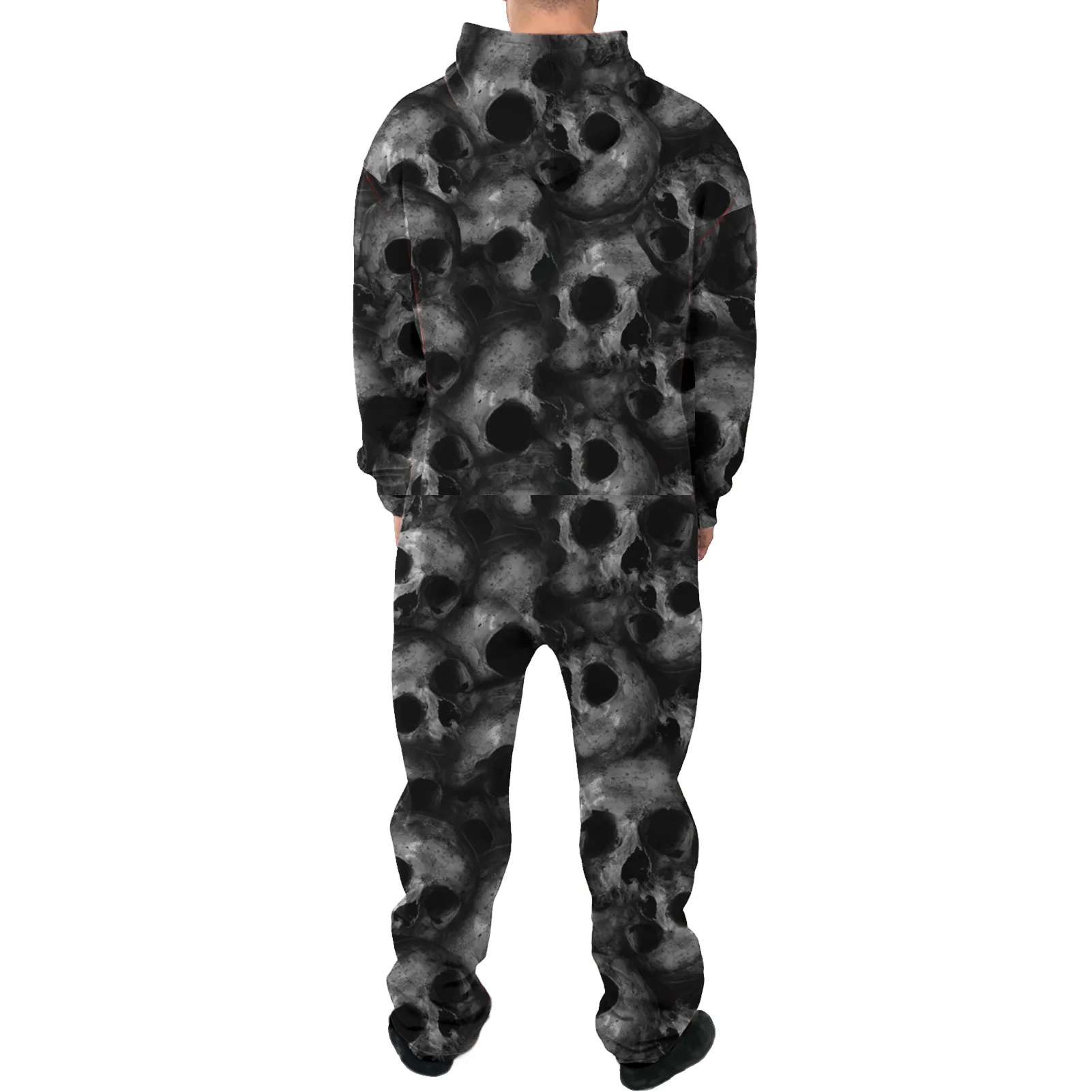 Men Onesie Zipper Pijama Hooded Pajamas Sleepwear Overall Onepiece Halloween Skull Print Jumpsuit