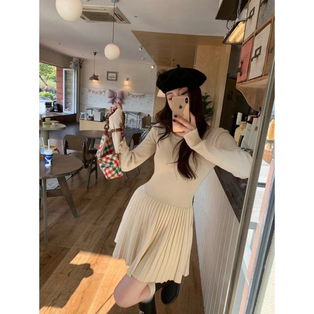 

Off Gentle Wind Nectarine Long Sve Knitted Dr Women's Autumn Winter Waist Cinching Slimming round Ne Dr