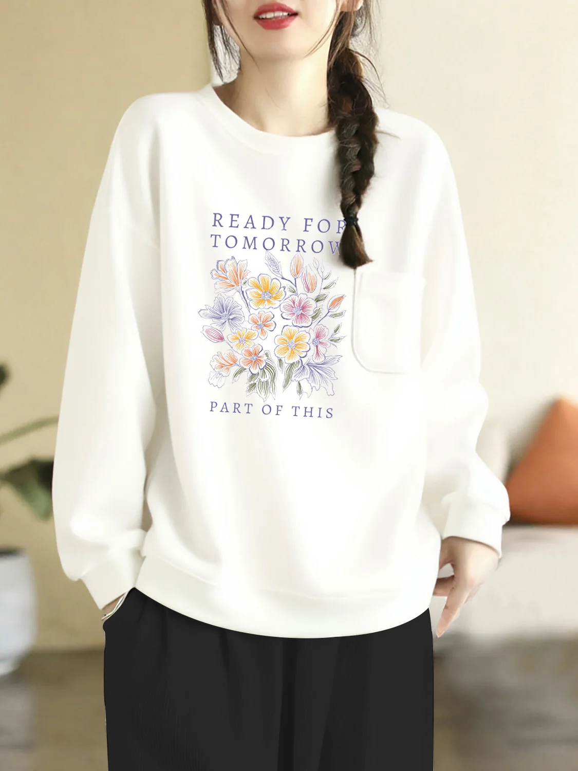 100% Cotton Long Sleeve Hoodie Women's Autumn Winter Large Size Slimming Trendy Top with Pocket Artistic Commute Style