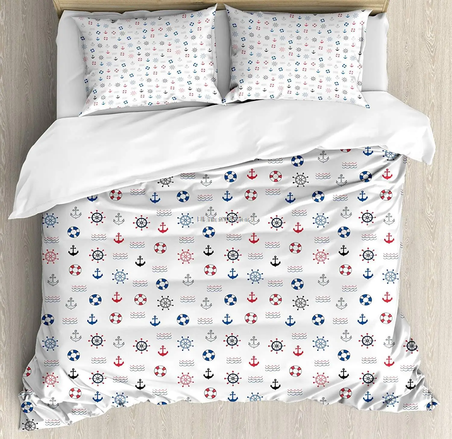 

Nautical Duvet Cover Set Marine Elements Featured Lifebuoy Anchor Compass Sea Waves Kids Nursery Theme Decorative 3 Piece Bed