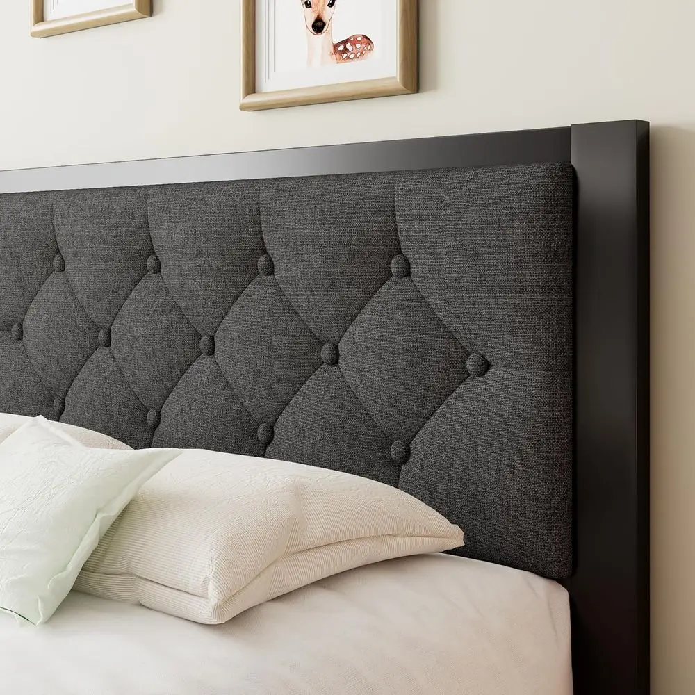 12 Metal Platform Bed Frame with Linen Headboard, Button Tufted, Dark Grey, No Box Spring, Storage Included