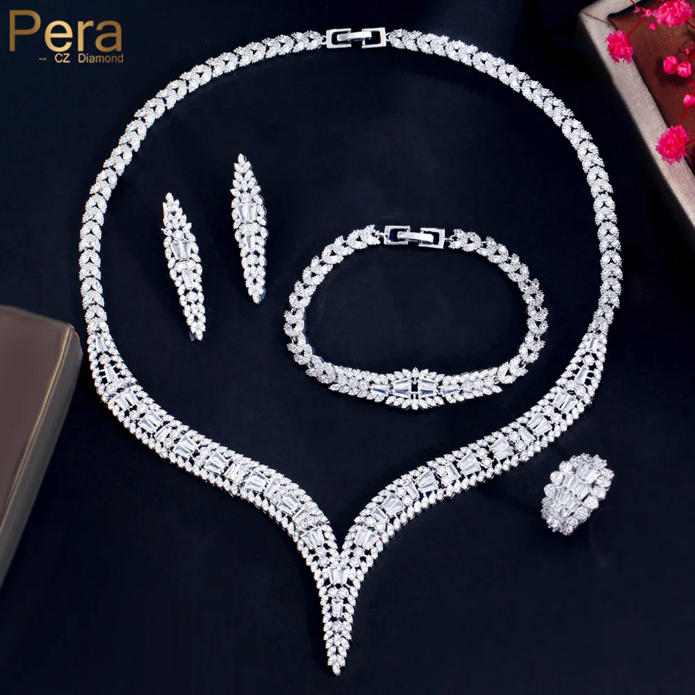 

Pera Luxury Nigerian White Cubic Zirconia Long Leaf Design Pendant 4Pcs Wedding Necklace Earrings Set for Women Accessories J567