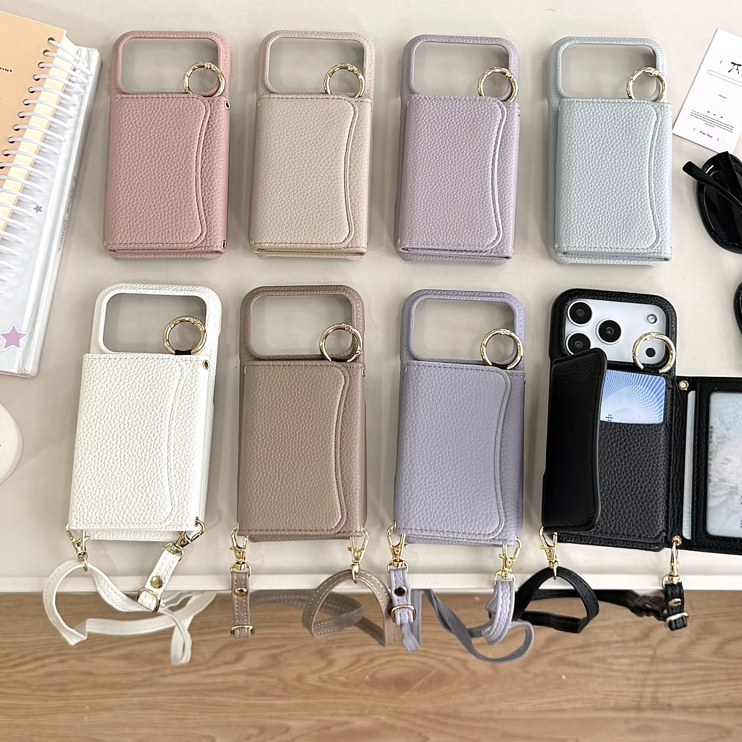 Funda de cuero tipo billetera magnética con soporte de anillo cruzado semicircular para iPhone 17 Pro Max 16 Plus 15 Plus 14 13 funda con cordón largo