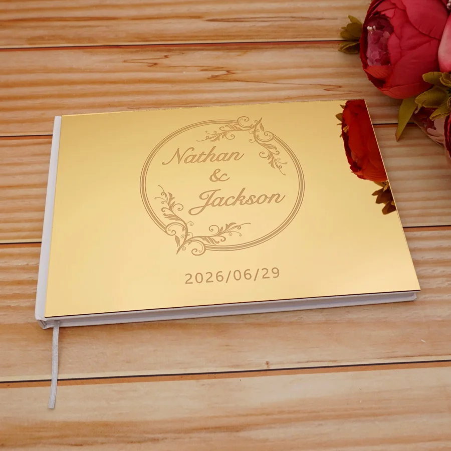 Custom Acrylic Mirror Cover GuestBook Personalized Engraved Newlyweds Name&Date Wedding Signature Reception Book 25x18cm