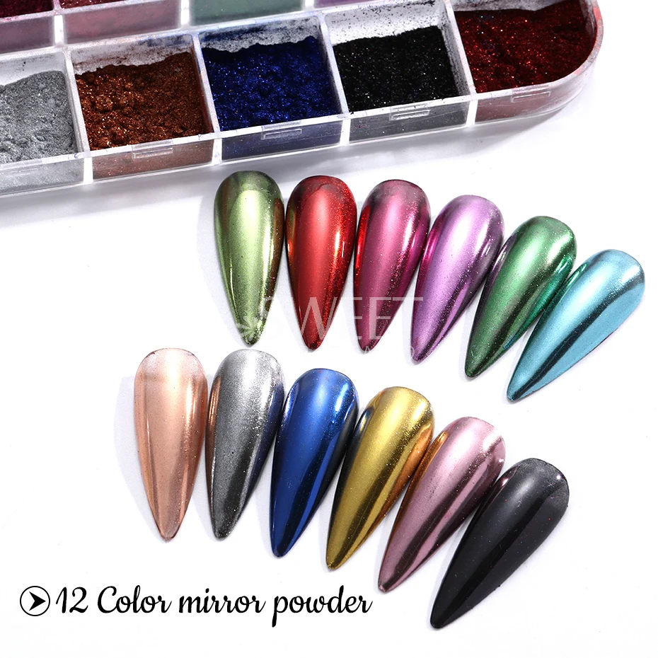 12Grids Magic Mirror Rubbing Nail Glitter Powder Metal Effect Silver Gold Pink Chrome Pigment DIY Gel Polish Manicure Decoration